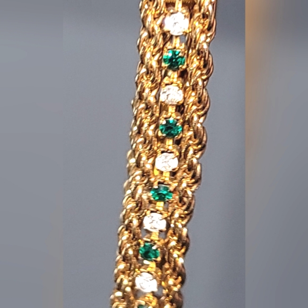 Gold with green and clear stones bracelet